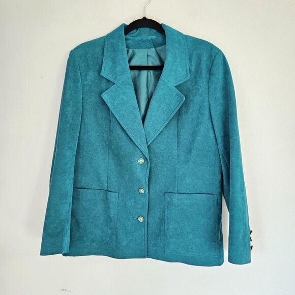 Vintage ILGWU '80s Teal Green Suede Three Button Silk Lined Blazer Jacket 8 - Picture 1 of 10